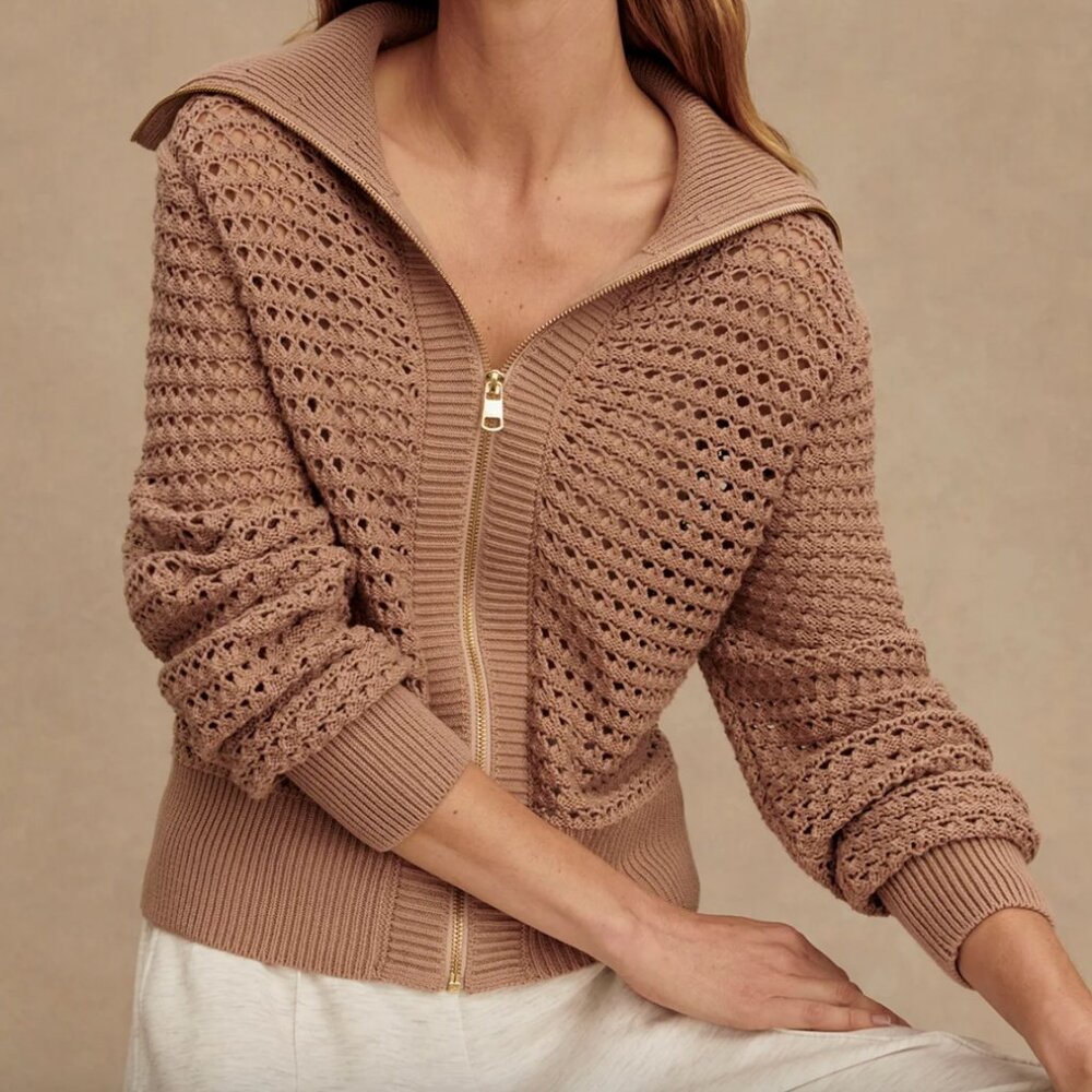 VARLEY Eloise Full Zip- Through Knit-Warm Taupe color, Size Large